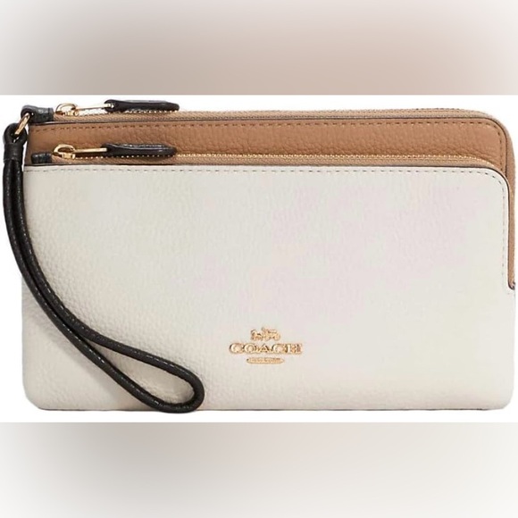 Coach Handbags - Coach Double Zip Wallet Large Wristlet Cream Tan Black Pebbled Leather C7368